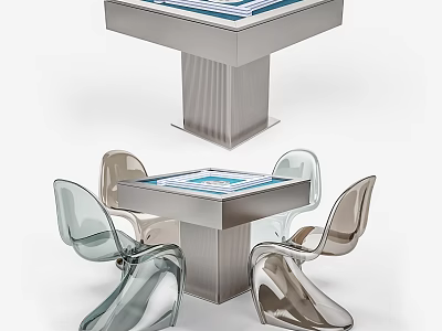 Modern Entertainment Table With Transparent Acrylic Chairs Glass Top And Metal Base 3d model