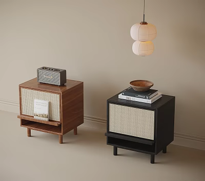 Stylish Brown And Black Bedside Tables With Wooden Frame Woven Panel Radio Books And Bowl 3d model