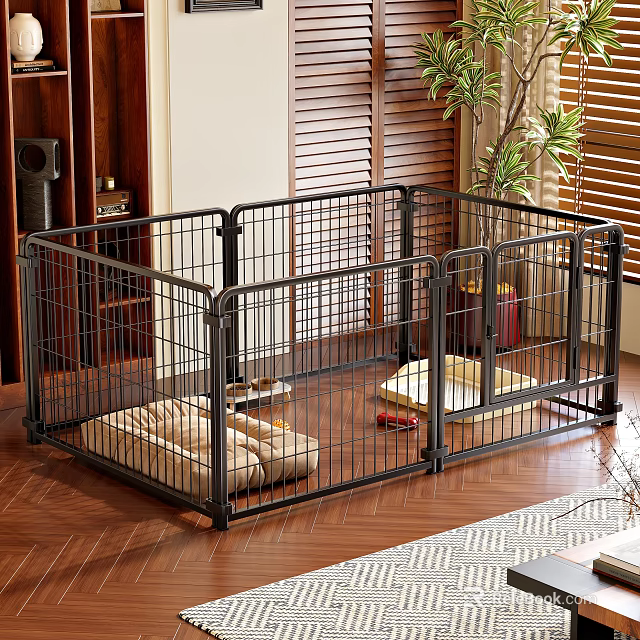 Black Metal Pet Cage with Soft Mat and Toys in Living Room with Wooden Floor 3d model 