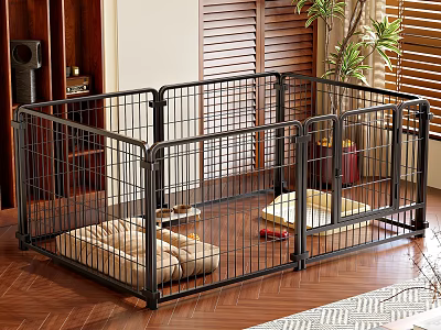 Black Metal Pet Cage with Soft Mat and Toys in Living Room with Wooden Floor 3d model