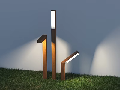Modern Road Facilities With Wooden Poles Illuminated White Tops Green Grass And Gray Wall 3d model