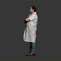 Man Wearing White Coat Green Shirt Blue Pants With Arms Crossed On Grey Background