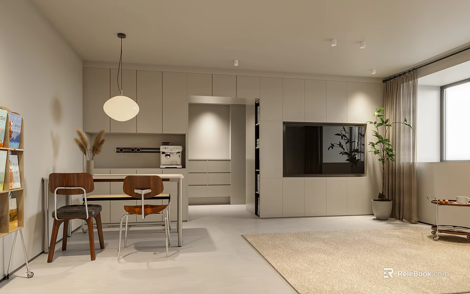 Modern Living Dining Room Interior with Light Colored Cabinets Table Pendant Light TV and Plants 3d model 