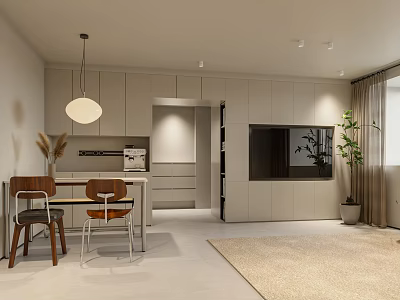 Modern Living Dining Room Interior with Light Colored Cabinets Table Pendant Light TV and Plants 3d model