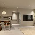 Modern Living Dining Room Interior with Light Colored Cabinets Table Pendant Light TV and Plants