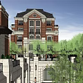 Symmetric Red Brick Villa Exterior Design With Dark Roof White Trim And Green Plants
