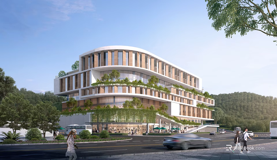 Modern Commercial Street Featuring Greenery Covered Buildings Shops And Pedestrian Space 3d model 