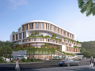 Modern Commercial Street Featuring Greenery Covered Buildings Shops And Pedestrian Space 3d model