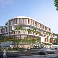 Modern Commercial Street Featuring Greenery Covered Buildings Shops And Pedestrian Space