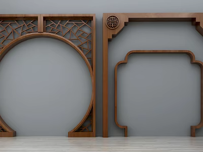 Two Different Shaped Wooden Door Arches Left Circular With Carvings Right Square With Top Ornament 3d model