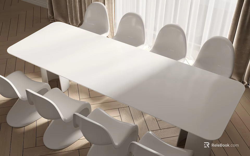 White Long Dining Table Set With Chairs And Wooden Floor In Natural Light 3d model 