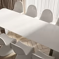 White Long Dining Table Set With Chairs And Wooden Floor In Natural Light