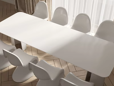 White Long Dining Table Set With Chairs And Wooden Floor In Natural Light 3d model