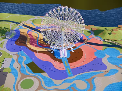 Scenic Amusement Park Ferris Wheel With Colorful Ground And Water Area 3d model