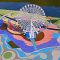 Scenic Amusement Park Ferris Wheel With Colorful Ground And Water Area