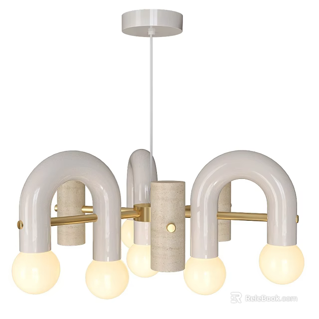 Modern Chandelier with White Arched Frame and Golden Metal Accents Hanging Spherical Light Bulbs Design 3d model 