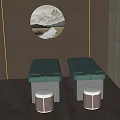 Two Green Massage Beds With Small Stools And Circular Wall Art In Modern Spa Room
