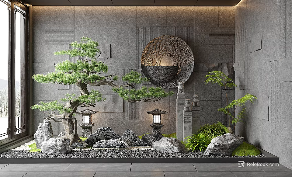 Japanese Garden Ornament With Gray Wall Round Decorative Element Bonsai Pine Lanterns Stones And Greenery 3d model 