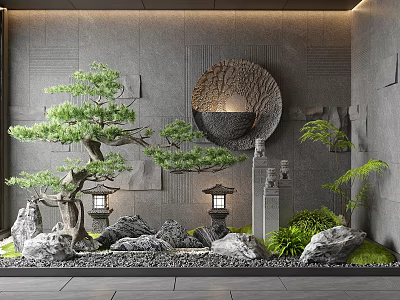 Japanese Garden Ornament With Gray Wall Round Decorative Element Bonsai Pine Lanterns Stones And Greenery 3d model