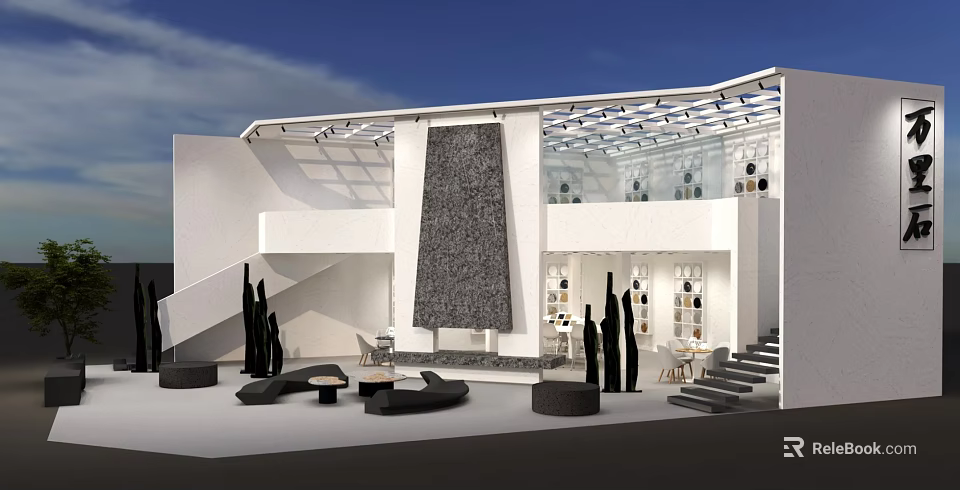 Modern Open Architectural Space With White Walls Glass Roof And Black Sculptures 3d model 