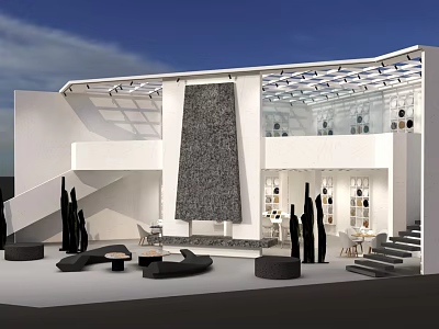 Modern Open Architectural Space With White Walls Glass Roof And Black Sculptures 3d model