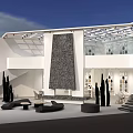 Modern Open Architectural Space With White Walls Glass Roof And Black Sculptures
