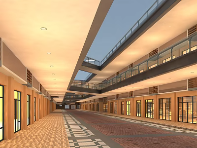 Brightly Lit Commercial Street With Two Story Buildings Glass Railings Paved Flooring And Shop Fronts 3d model
