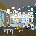 Children's Playground With Yellow Ceiling Hanging White Spherical Lights Arched Bookshelves Slide And Wooden Floor