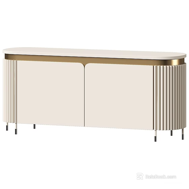 Modern Cream Colored TV Stand With Gold Trim Ribbed Sides And Black Slim Legs 3d model 