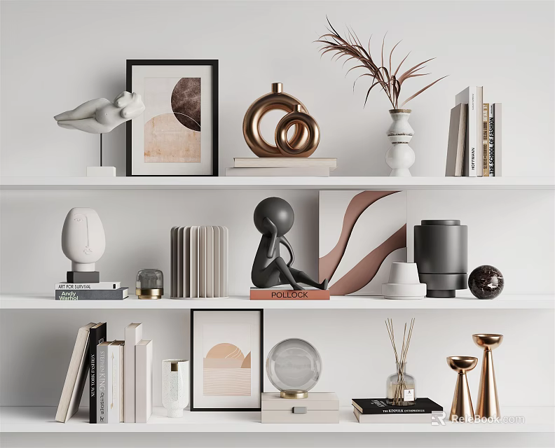 Elegant Modern Decorative Ornament Set With Sculptures Picture Frames Vases And Books On Shelves 3d model 