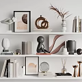 Elegant Modern Decorative Ornament Set With Sculptures Picture Frames Vases And Books On Shelves