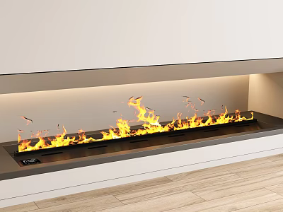 Modern Built-in Fireplace with Burning Flames in Light Colored Wall and Wooden Floor 3d model