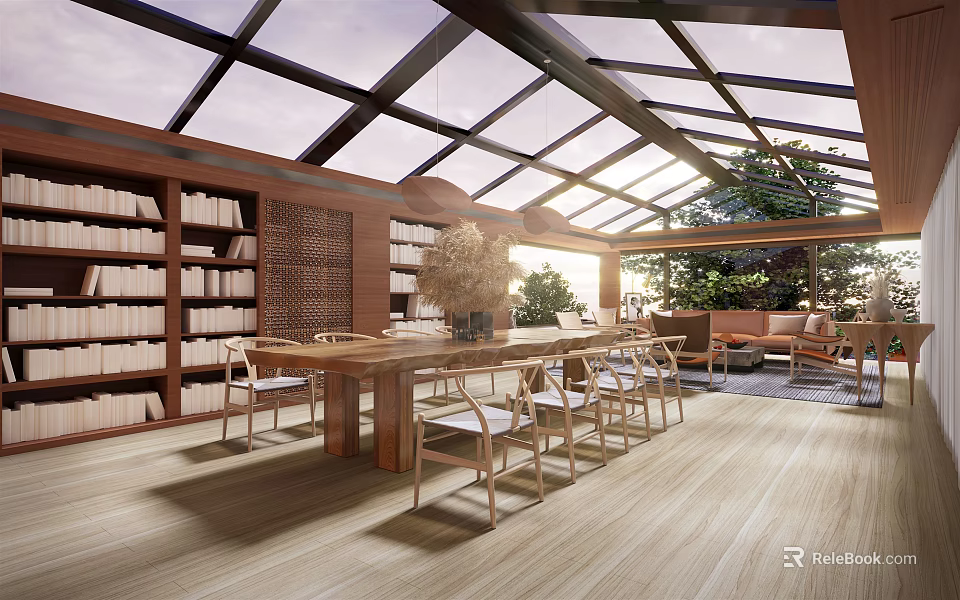 Villa Balcony with Glass Roof Built in Bookshelves Wooden Dining Table Chairs and Green Plants 3d model 