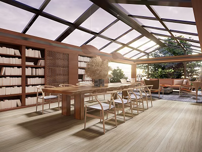 Villa Balcony with Glass Roof Built in Bookshelves Wooden Dining Table Chairs and Green Plants 3d model