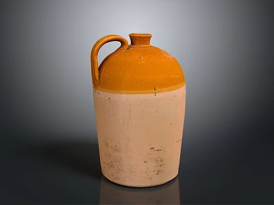 Hand Carved Clay Sculpture Orange And Beige Earthenware Jar With Handle 3d model