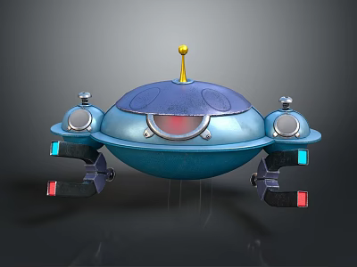 Blue Flying Saucer With Dome Yellow Spire And Side Thrusters Lights 3d model