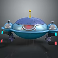 Blue Flying Saucer With Dome Yellow Spire And Side Thrusters Lights