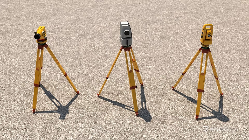 Industrial Surveying Equipment Three Yellow Tripod Mounted Measuring Tools On Concrete 3d model 