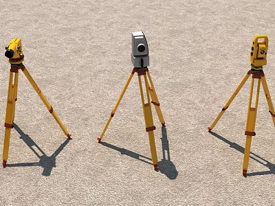 Industrial Surveying Equipment Three Yellow Tripod Mounted Measuring Tools On Concrete 3d model