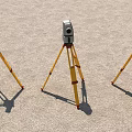 Industrial Surveying Equipment Three Yellow Tripod Mounted Measuring Tools On Concrete