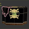 Dark Blue Jewelry Box With Gold Ornament And Pearl Necklace Accessory