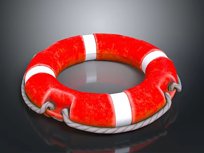Child Swimming Safety Red Lifebuoy With White Stripes And Rope 3d model
