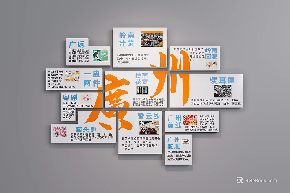Traditional Guangzhou Culture Wall Decorated with Cultural Elements and Theme Cards 3d model 