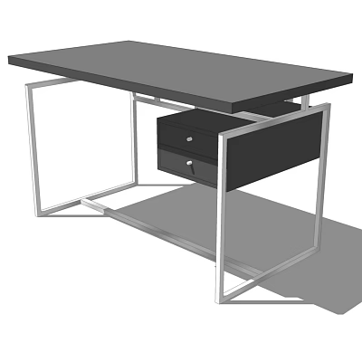 Modern Office Desk With Black Tabletop Silver Metal Frame And Drawer 3d model