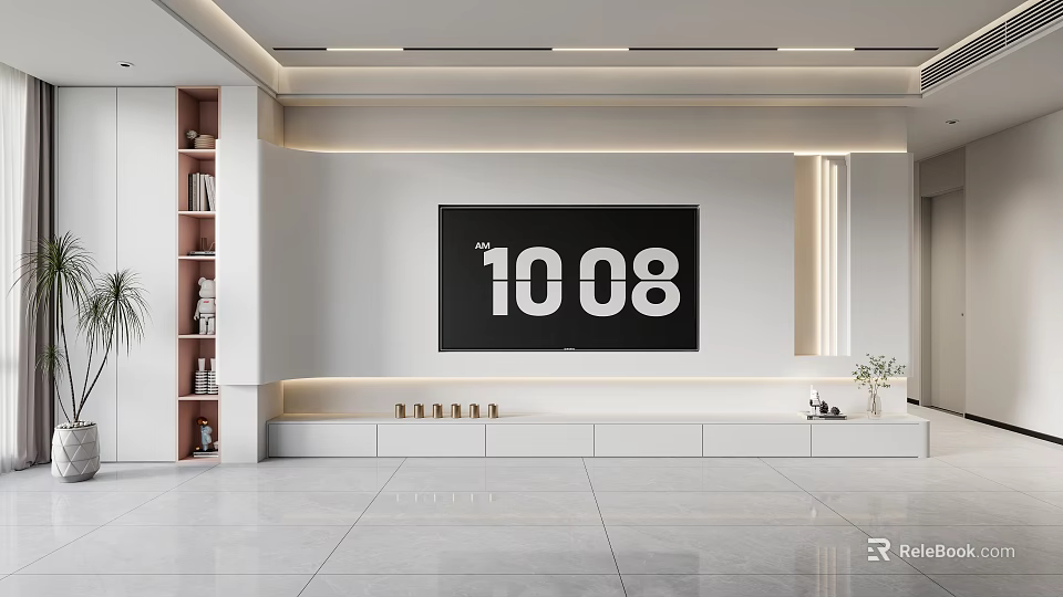 Modern TV Background Wall In Living Room With Lighting Storage And Shelves 3d model 