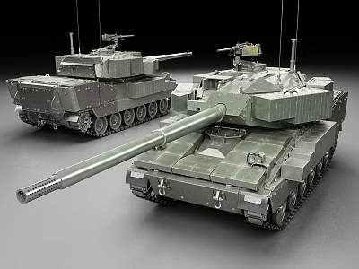 Detailed Military Tank Models With Green And Gray Camouflage Tracks And Cannons 3d model