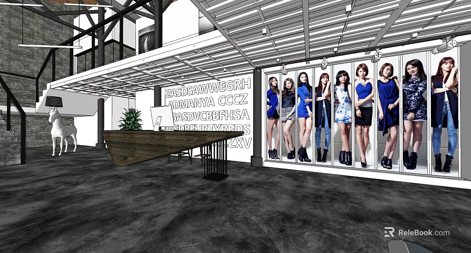 Modern Front Desk Reception Area With Wooden Counter And Wall Female Portraits 3d model 