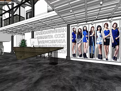 Modern Front Desk Reception Area With Wooden Counter And Wall Female Portraits 3d model