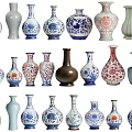 Ceramic Vases With Blue And White Patterns Red Floral Decorations Brown Glaze And Various Shapes