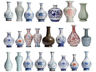 Ceramic Vases With Blue And White Patterns Red Floral Decorations Brown Glaze And Various Shapes 3d model